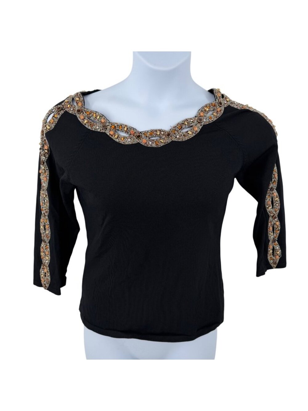 VTG BLACK BEADED EMBELLISHED COCKTAIL TOP W/ INTRICATE NECKLINE & SLEEVE DETAIL